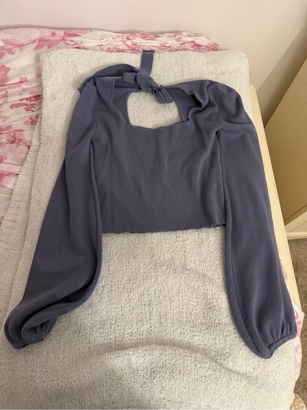 debut Slate Blue Long-Sleeve Square-Neck Crop Top with Tie Back